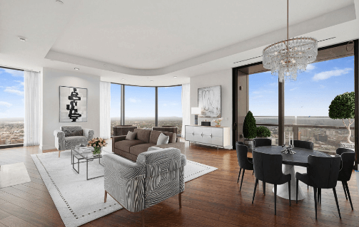 Four Seasons One Dalton 1 bedroom large, light-filled, and open living room and dining area surrounded by windows.